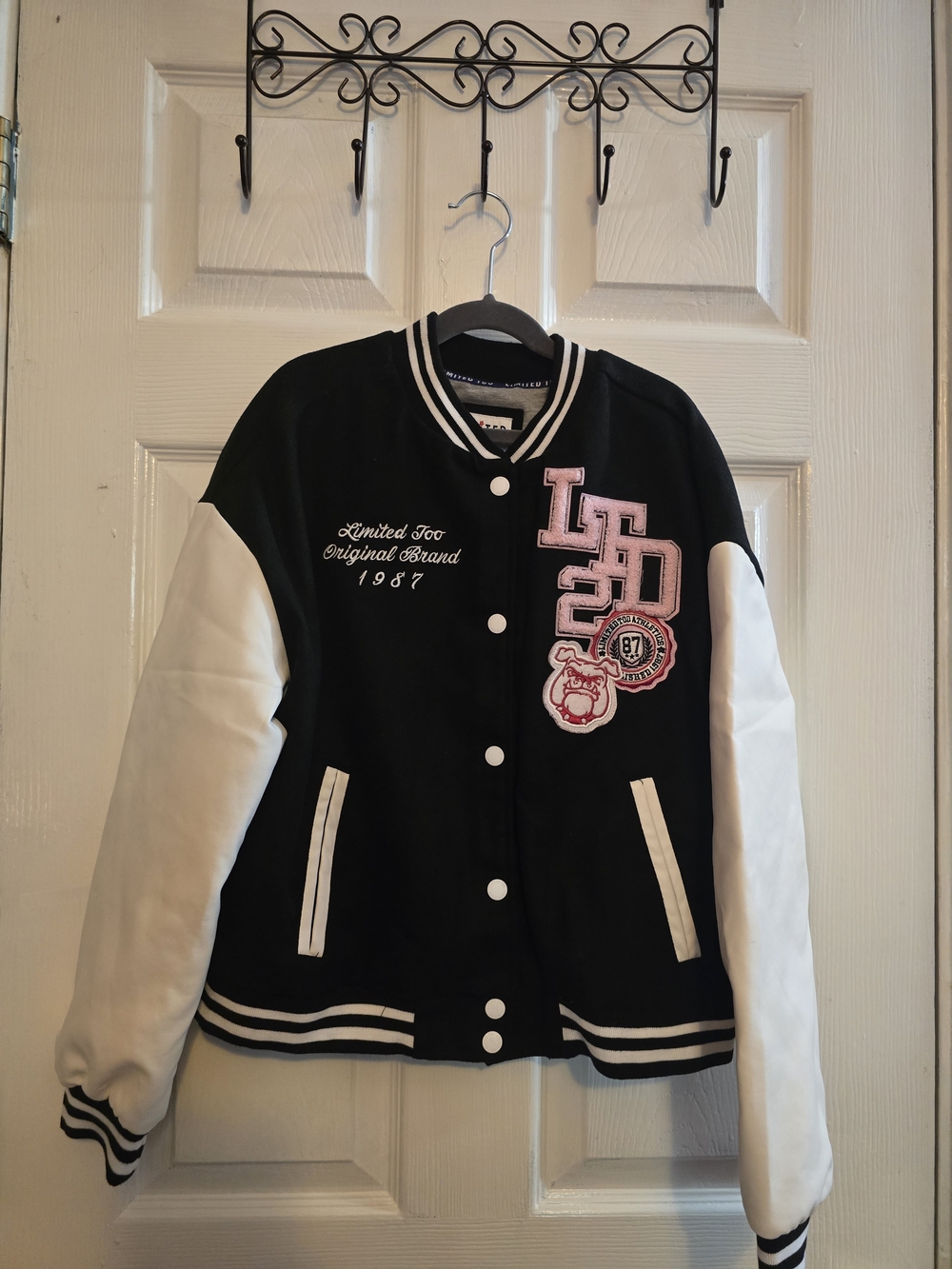 Girl's Limited Too Black & White Varsity Jacket with Pink Patches
